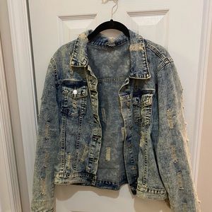 Romwe L Women's Casual Long Sleeve Pockets Washed Distressed Denim Jean Jacket